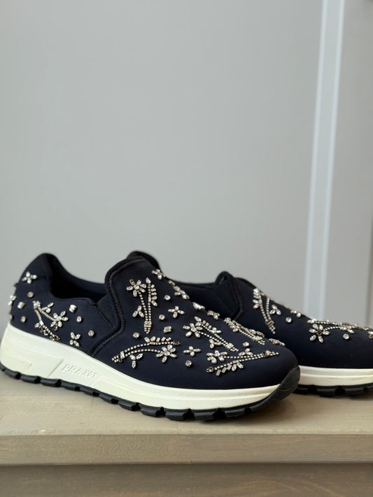 Prada Downtown Black Neoprene Trainers w/ Swarovski Floral Embroidery – EU 39