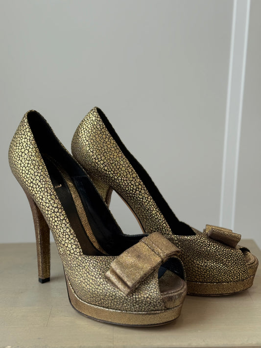 Fendi Gold Brocade Metallic Peep‑Toe Platform Heels – EU 40 / US 9