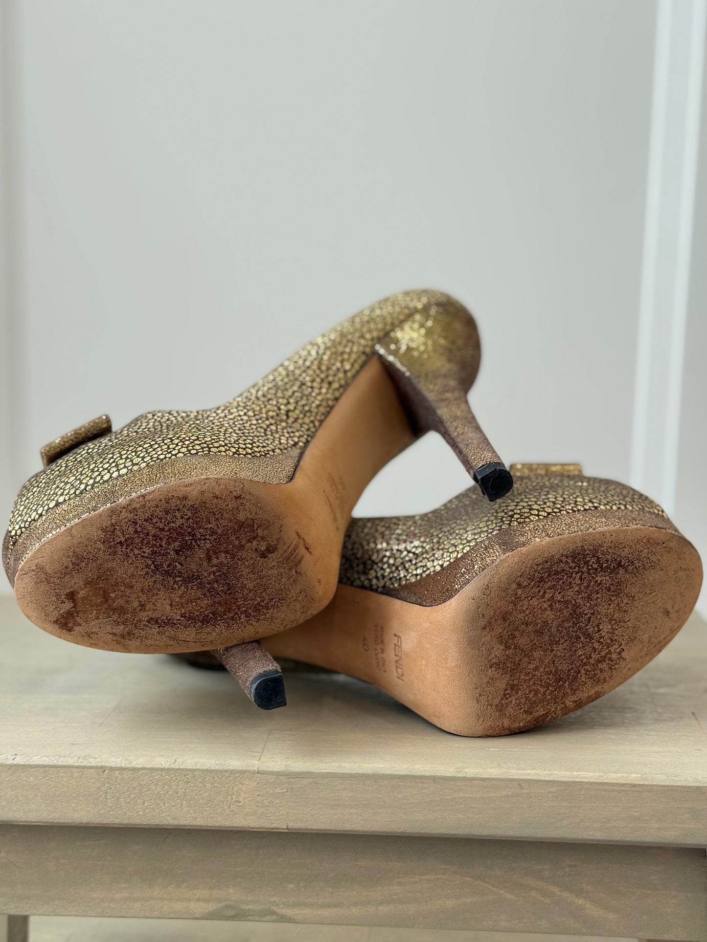 Fendi Gold Brocade Metallic Peep‑Toe Platform Heels – EU 40 / US 9