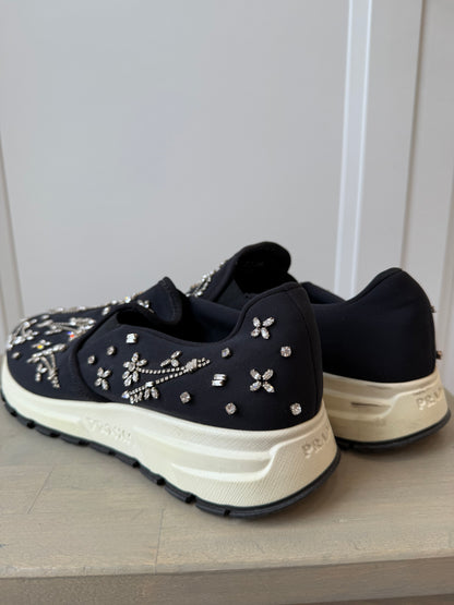 Prada Downtown Black Neoprene Trainers w/ Swarovski Floral Embroidery – EU 39