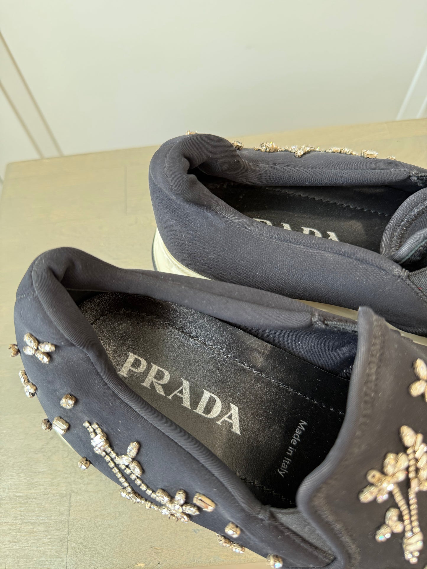 Prada Downtown Black Neoprene Trainers w/ Swarovski Floral Embroidery – EU 39
