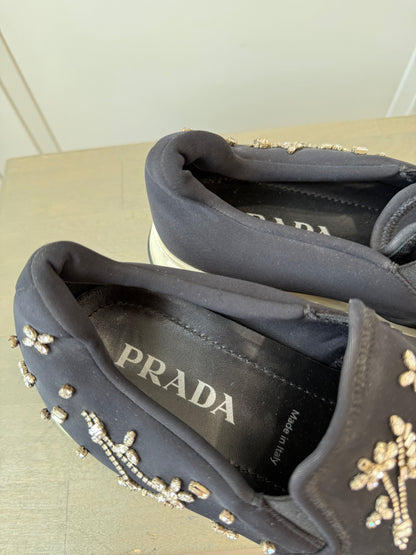 Prada Downtown Black Neoprene Trainers w/ Swarovski Floral Embroidery – EU 39