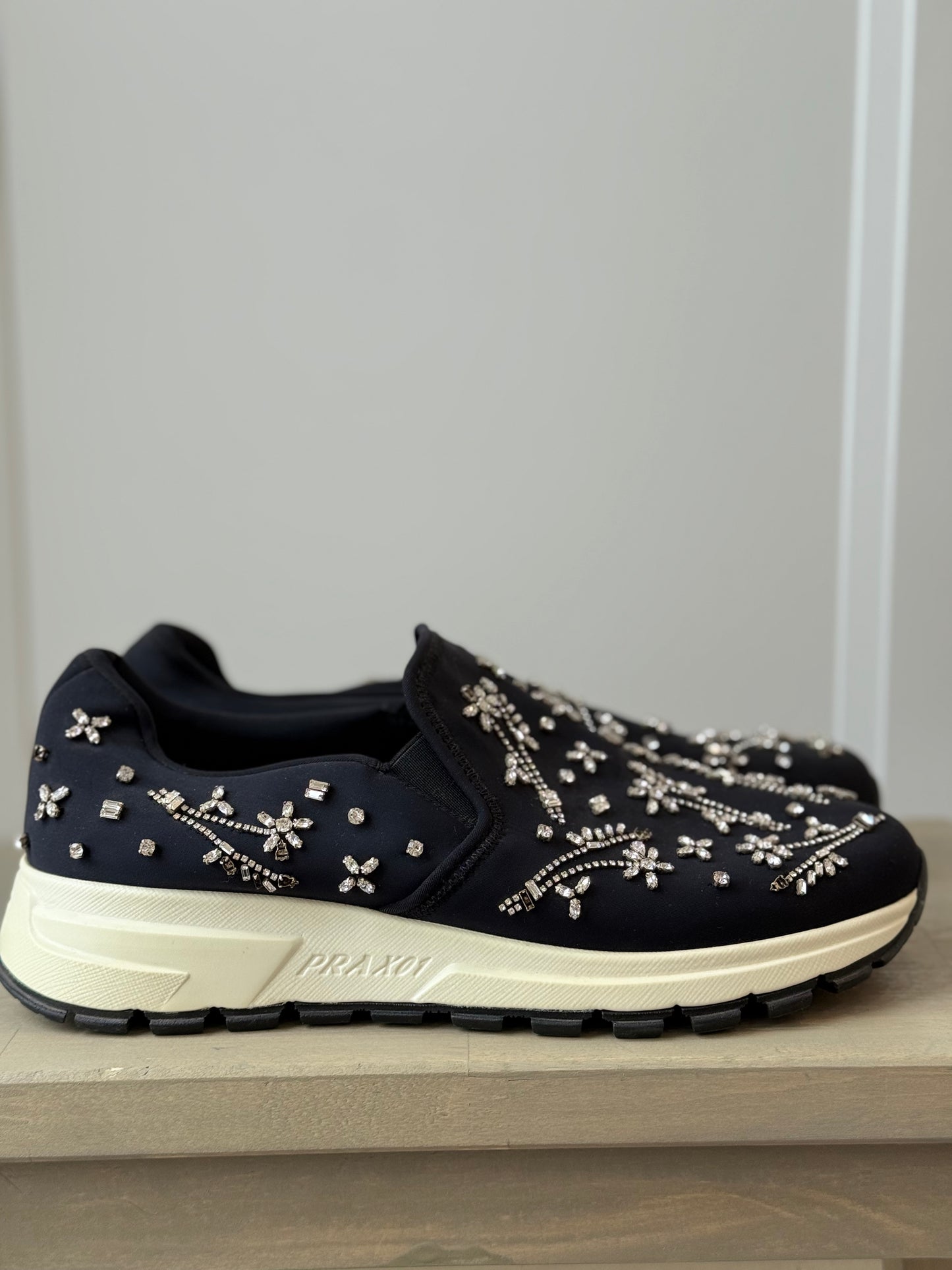 Prada Downtown Black Neoprene Trainers w/ Swarovski Floral Embroidery – EU 39