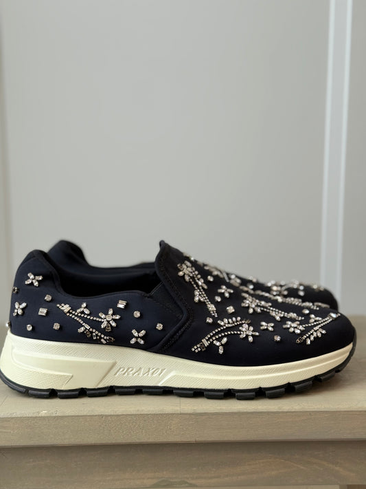 Prada Downtown Black Neoprene Trainers w/ Swarovski Floral Embroidery – EU 39