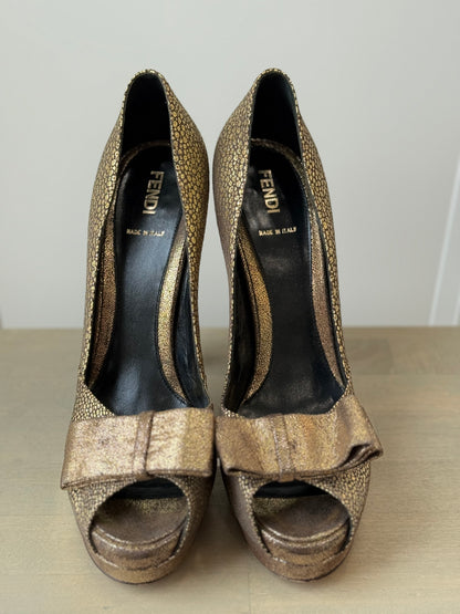 Fendi Gold Brocade Metallic Peep‑Toe Platform Heels – EU 40 / US 9
