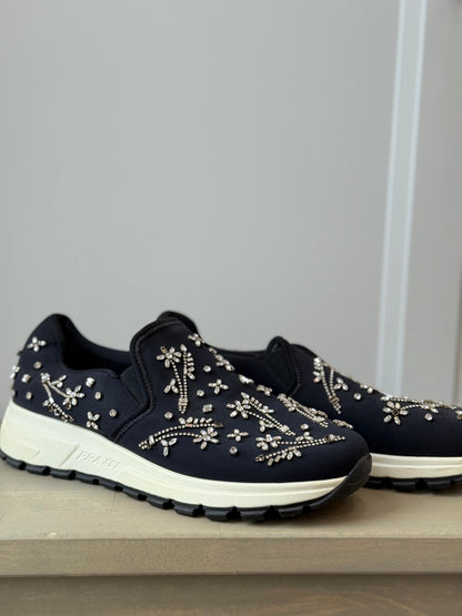 Prada Downtown Black Neoprene Trainers w/ Swarovski Floral Embroidery – EU 39