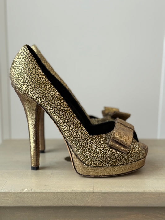 Fendi Gold Brocade Metallic Peep‑Toe Platform Heels – EU 40 / US 9