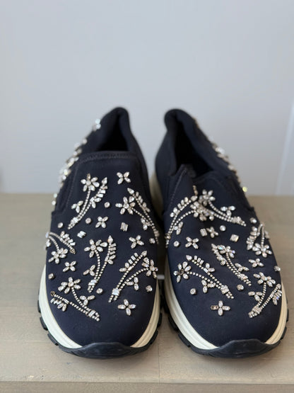 Prada Downtown Black Neoprene Trainers w/ Swarovski Floral Embroidery – EU 39