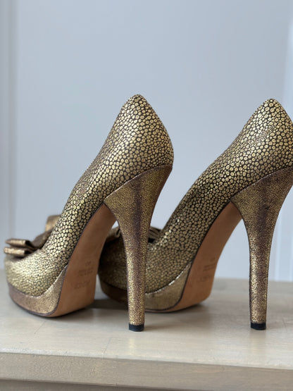 Fendi Gold Brocade Metallic Peep‑Toe Platform Heels – EU 40 / US 9